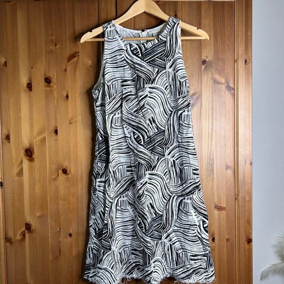 Garnet Hill Harborside Linen Fringe-Hem Dress Women’s 6 Black White Geometric - Picture 1 of 8